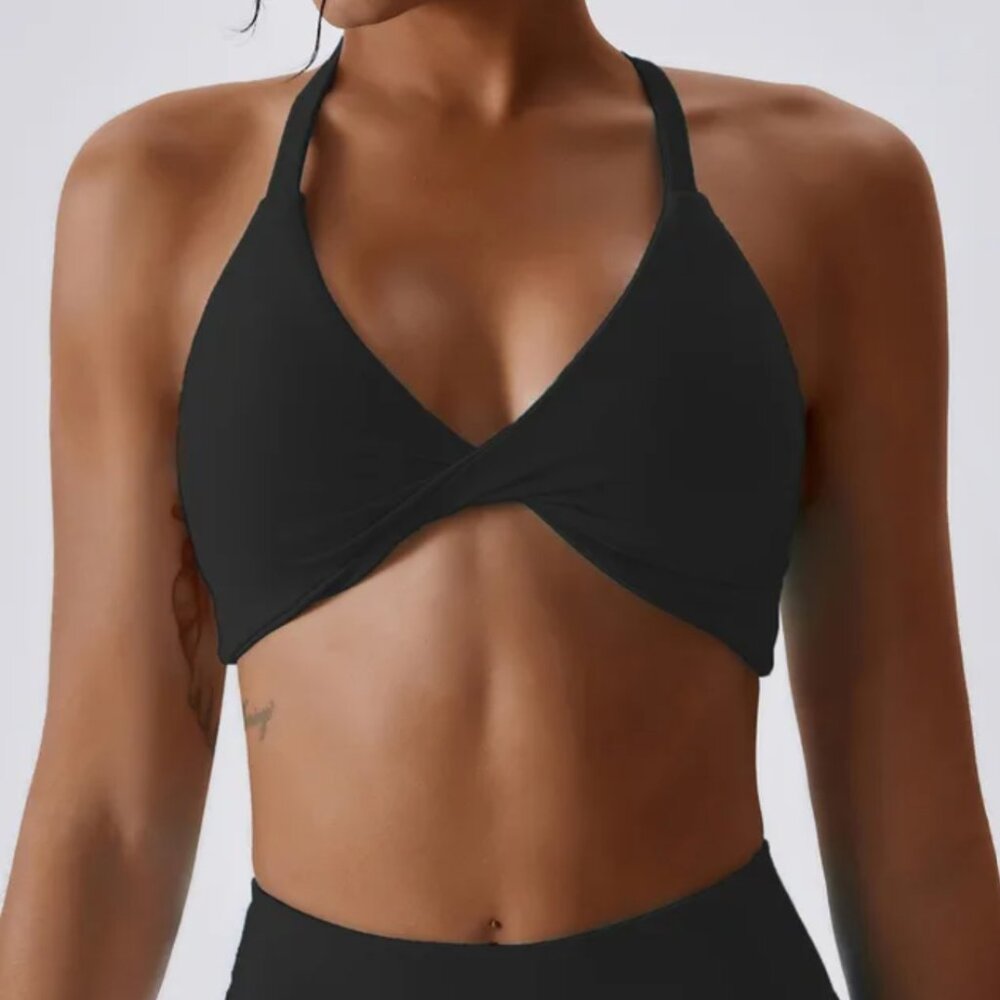 Womens Yoga Gym Fitness Running Sports Bra Twisted Front Onyx Slate Black Size S